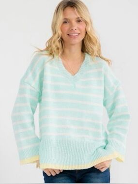 Striped V-Neck Cozy Sweater in Mint and White